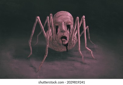 Scary Face 3d Illustration, Horror Ghost And Spooky Concept, Surreal Art, Portrait Of Demon, Painting 