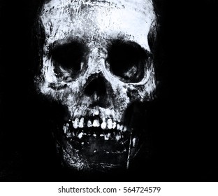 Scary grunge vintage wallpaper with skull. Spooky skull isolated on black background. 
Design for t-shirt print. Concert poster. - Powered by Shutterstock