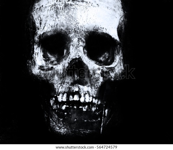 恐ろしいグランジビンテージ壁紙と頭蓋骨 黒い背景に不気味な頭蓋骨 Tシャツ印刷用のデザイン コンサートポスター のイラスト素材