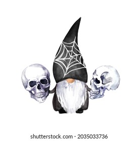 Scary Halloween Gnome In Black Color With Human Skulls. Spooky Watercolor Creepy Spooky Design For Day Of Death, Dead Day