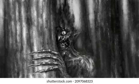 Scary Halloween Looks Out From Behind Tree In Dark Forest. Gloomy Evil Psycho Demon. Spooky 2d Illustration. Horror Fantasy Devilish Character. Smiling Face Concept Art. Black And White Background.