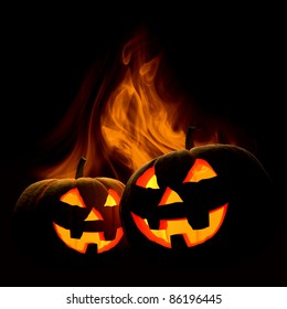 Scary Halloween Pumpkins In Fire