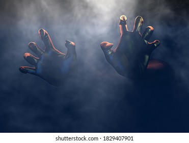 Scary Hands From Dark, Frightening Monster Hand In Fog, Halloween Horror Concept. 3d Rendering