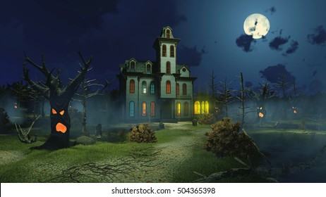 Scary House On Moonlight 3d Illustration Stock Illustration 1108084388