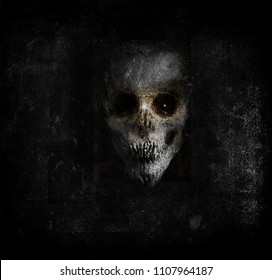 Scary horror background with spooky monster. Design for t-shirt print with skull. Halloween wallpaper.