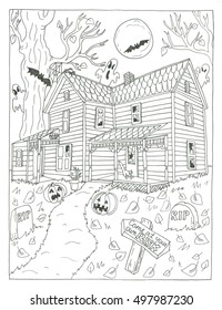 Scary House Halloween Coloring Page