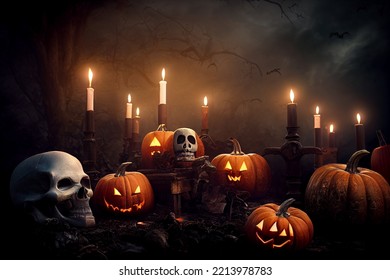 Scary laughing pumpkin and old skull on ancient gothic fireplace. Halloween, witchcraft and magic. - Shutterstock ID 2213978783