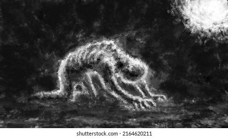 Scary man turns into werewolf on full moon. Spooky demon illustration in horror fantasy genre. Gloomy character from nightmares. Coal and noise effect. Black and white background colors.