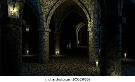 scary medieval church underground. Stone corridor with candles. 3d rendering.