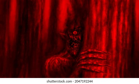 Scary mister Halloween looks out from behind tree in dark forest. Spooky 2d illustration. Horror fantasy devilish character. Gloomy evil demon. Smiling psycho face concept art. Red black background.