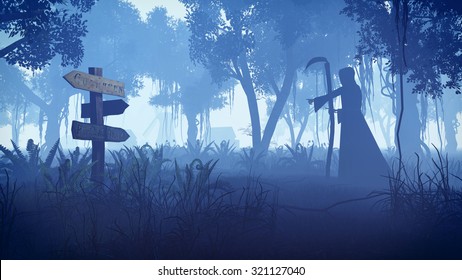 Scary Night Forest With Silhouette Of A Grim Reaper Moving Towards The Small Village. Realistic 3D Illustration Was Done From My Own 3D Rendering File.