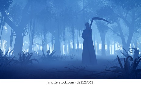 Scary Night Forest With Silhouette Of A Grim Reaper On Foreground. Realistic 3D Illustration Was Done From My Own 3D Rendering File.