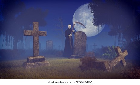 Scary Night Scene With Grim Reaper At The Old Abandoned Graveyard Under Big Full Moon. Realistic 3D Illustration Was Done From My Own 3D Rendering File.