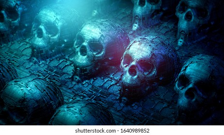 Scary occult still life with human skulls and science fiction surface. Alien technology with organic circuit board structure. 3D Rendering