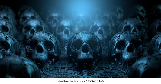 Scary occult still life with human skulls and science fiction surface. Alien technology with organic circuit board structure. 3D rendering