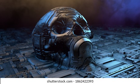 Scary occult still life with human skull and science fiction surface. Alien technology with organic circuit board structure. 3D rendering