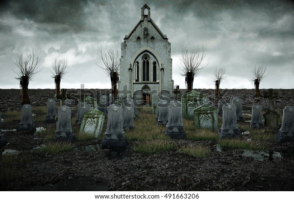 怖い古い墓地 墓の上の古い教会 ハロウィーンのコンセプト 3dレンダリング のイラスト素材