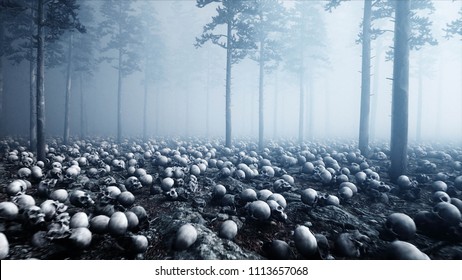 Scary old skulls in fog night forest. Fear and horror. Mistic and apocalypse concept. 3d rendering.