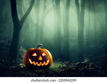 A scary pumpkin in a forest haunted by demons and ghosts on Halloween night, 3D rendering - Powered by Shutterstock