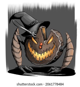 scary pumpkin pie monster his feet and witch hat  burning eyes  scary smile  funny character Halloween Digital illustration