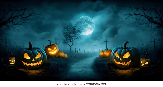 Scary pumpkins in spooky scary dark night, full moon, mystical fog. Halloween banner background.  - Powered by Shutterstock