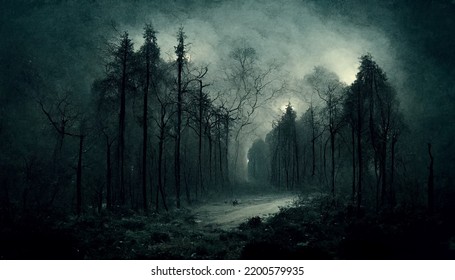 Scary Rainforest Illustration With Fog On Halloween Night.3D Illustration.Digital Painting.