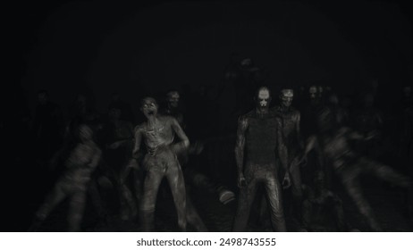 Scary rotting zombies are looking at you, zombie apocalypse horror. red tones, volumetric light, hand-held camera. 3D Illustration