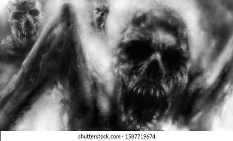 Scary screaming mummy attacking  Terrible illustration black   white color background  Horror genre  Gloomy characters from nightmares  Freehand digital drawing concept  Coal   noise effect  