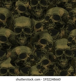Scary skull pattern. Seamless pattern of scalps (heads of people looking like a zombie) for printing on fabric.
Original size 60 * 60cm, quality 300 dpi.