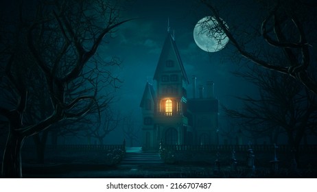 Scary Small Castle In The Horror Forest And Old Graveyard. 3D Render Illustration.