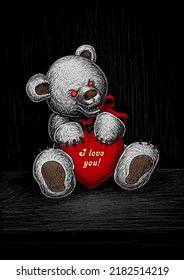 Scary Teddy Bear Holding Red Heart