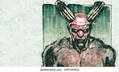 Scary, Terrible Powerful Demon, Devil, Imp, Monster With Twisted Horns, Luminous Eyes, Muscle Hillocks In Sketch, Comic - Manga  Style. Fictional Character, Medium Shot, Looking At Camera