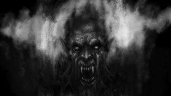 Scary Vampire Face In The Darkness. Black And White Illustration In Dark Fantasy Genre With Coal And Noise Effect.