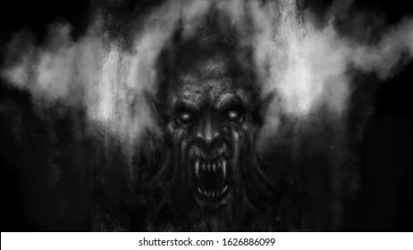 Scary vampire face in the darkness. Black and white illustration in dark fantasy genre with coal and noise effect.