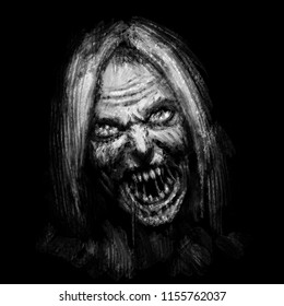 Scary Zombie Female Face On Black Background. Illustration In Horror Genre.