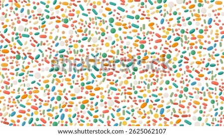 Scattered array of pharmaceutical pills on a white background — ideal for overlays, design elements, or concepts related to medicine, health, and synthetic treatments.