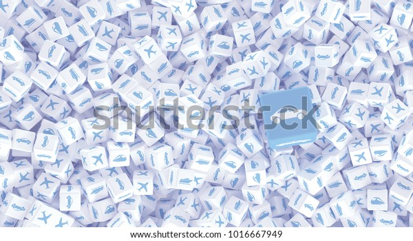 A lot of scattered cubes with logos of\
different types of transport. 3d\
illustration