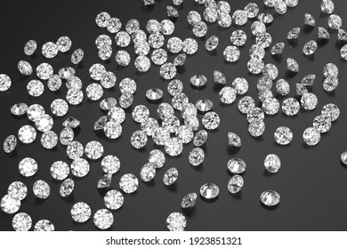 A scattering of diamonds on a black background. Exhibition of precious stones. Perfect cut. 3d rendering.