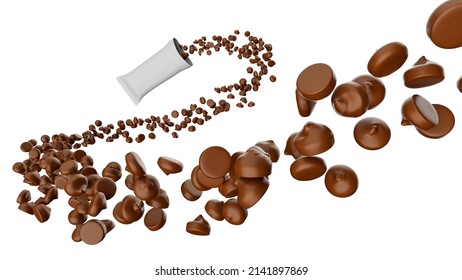 Scattering of tasty chocolate chips Spilling out from snack pack 3d illustration - Powered by Shutterstock