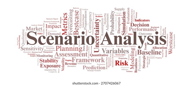 Scenario Analysis Word Cloud. A visual collection of key terms related to forecasting, uncertainty, risk evaluation, and strategic planning used for preparing decisions under multiple future outcomes.