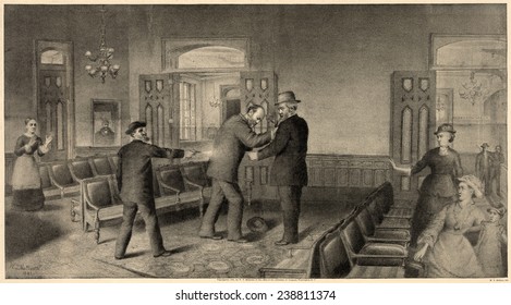 Scene Of The Assassination Of Gen. James A. Garfield, President Of The United States By Charles J. Guiteau. Engraving, Dec. 21, 1881