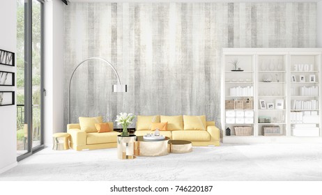 Scene With Brand New Interior In Vogue With White Rack And Yellow Couch. 3D Rendering. Horizontal Arrangement.