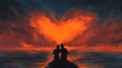 Scene Of Couple Looking Heart-shaped Clouds , Fantasy,valentine Day, Romantic ,digital Art, Illustration Painting.