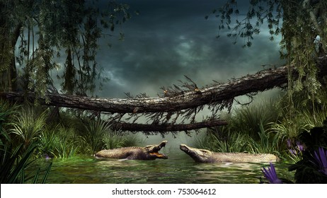 Scene with crocodiles, swamp and fallen trees. 3D illustration.