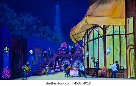 A scene design rendering  of a Paris cafe night scene is done in mixed media.