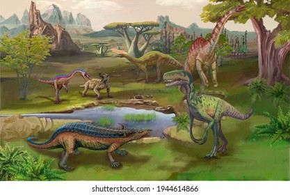 Scene with dinosaurs Asteroid explosion at the end of the prehistoric Jurassic, Cretaceous or Triassic era. Dinosaurs in prehistoric environment. Retro cartoon style abstract isolated illustration_02