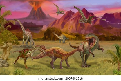Scene with dinosaurs Asteroid explosion at the end of the prehistoric Jurassic, Cretaceous or Triassic era. Dinosaurs in prehistoric environment. Retro cartoon style abstract isolated illustration_03