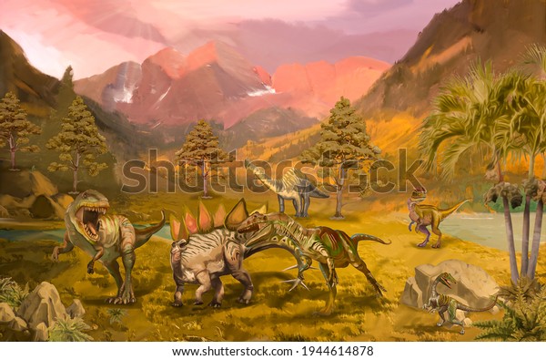 Scene with dinosaurs Asteroid explosion\
at the end of the prehistoric Jurassic, Cretaceous or Triassic era.\
Dinosaurs in prehistoric environment. Retro cartoon style abstract\
isolated\
illustration_02