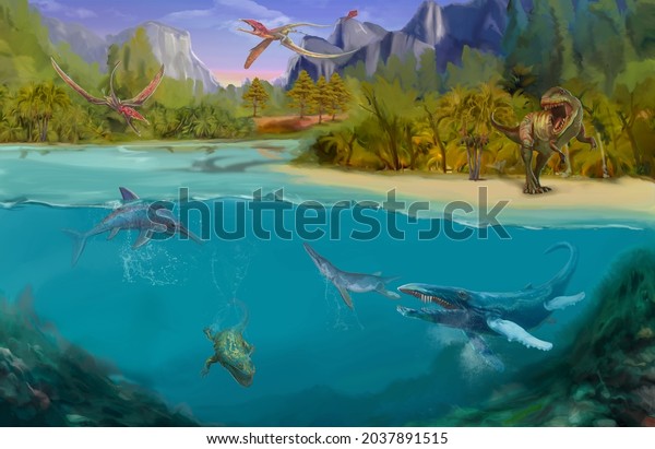 Scene with dinosaurs Asteroid explosion\
at the end of the prehistoric Jurassic, Cretaceous or Triassic era.\
Dinosaurs in prehistoric environment. Retro cartoon style abstract\
isolated\
illustration_02