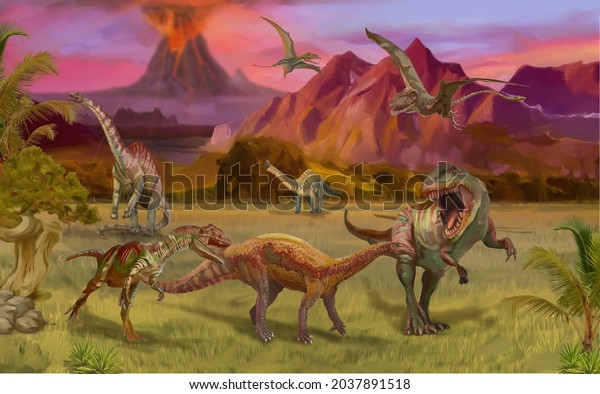 Scene with dinosaurs Asteroid explosion\
at the end of the prehistoric Jurassic, Cretaceous or Triassic era.\
Dinosaurs in prehistoric environment. Retro cartoon style abstract\
isolated\
illustration_03